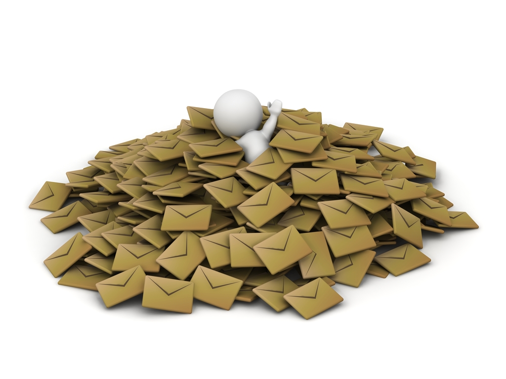 Image depicts a person asking for help as they are buried in a pile of emails.